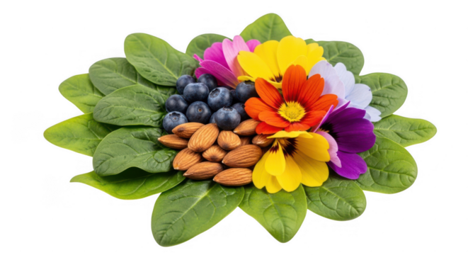 Healthy food arrangement with colorful flowers isolated on transparent background