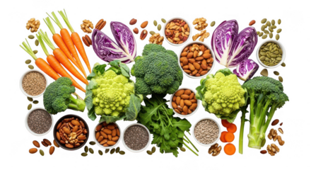 Colorful array of fresh organic vegetables, nuts, and seeds isolated on transparent background