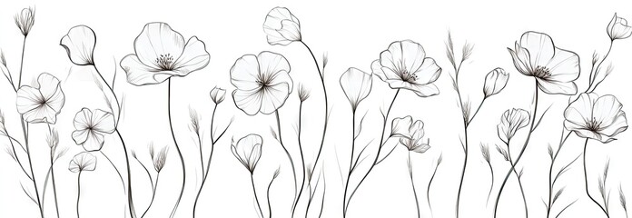 Obraz premium Minimal black line drawing of delicate wildflowers and buds on white background