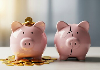 Two piggy banks: one full of gold coins, symbolizing wealth; the other broken, representing financial loss and crisis.