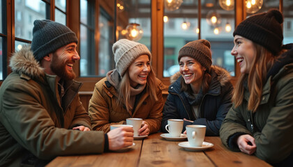 Four friends laugh heartily while drinking coffee at a cafe. People wear warm winter clothes and hats. They chat and share a cozy moment on a cold day, enjoying each others company.