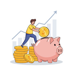 A cheerful businessman stands on stacked coins, depositing money into a large piggy bank, symbolizing financial growth and smart strategy in a vibrant 2D flat illustration.