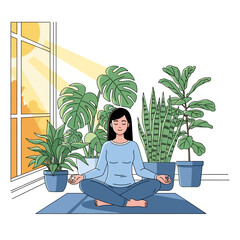 A serene woman meditates cross-legged on a yoga mat indoors, lit by sunlight and surrounded by large house plants, symbolizing tranquility and mental wellness in a vibrant 2D flat illustration.