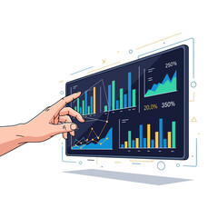 A hand reaches toward a large floating screen displaying vibrant data analytics and bar graphs, symbolizing digital transformation in a clean 2D flat tech illustration.