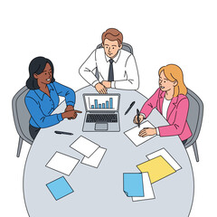 Three diverse business professionals hold a successful collaboration meeting around a circular table with a laptop and documents, presented in a vibrant 2D flat vector illustration.