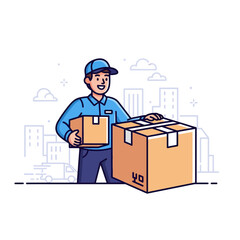 Quick logistics and express courier service are depicted in this vibrant 2D flat vector illustration of a happy delivery man holding a cardboard box near a shipping icon.