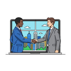 Diverse business partners shake hands across a desk with a large laptop screen and cityscape view, rendered in a modern flat 2D vector style.