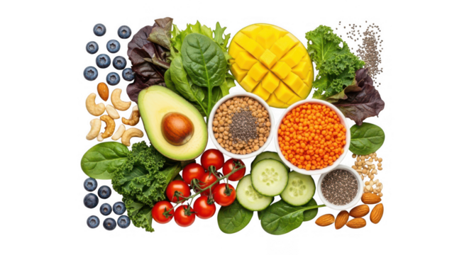 Fresh healthy food ingredients flat lay isolated on transparent background