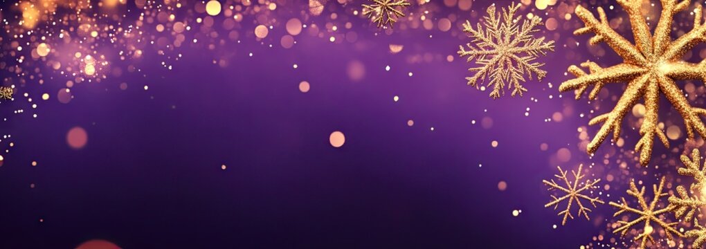 Magical purple background with golden snowflakes, sparkling bokeh lights and floating glitter particles - Powered by Adobe