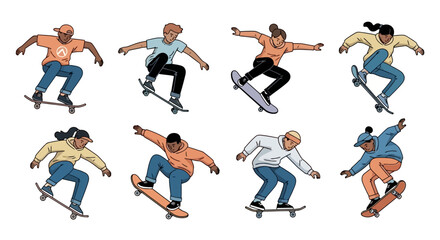 A vibrant collection of diverse young people actively engaged in skateboarding, showcasing various dynamic movements, tricks, and urban street sports culture with energy and enthusiasm