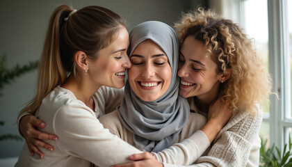 Three women friends embrace with smiles. One wears a hijab. They share joy and togetherness indoors, showing affection and support. Sisterhood and friendship bond.