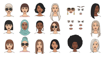 Fashionable female character creator kit featuring diverse women's portraits, offering customizable hairstyles, facial features, and stylish accessories for avatar design
