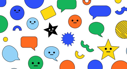 Dynamic digital pattern with a whimsical array of colorful geometric shapes, expressive faces, and communication bubbles, conveying abstract ideas and modern interactive concepts