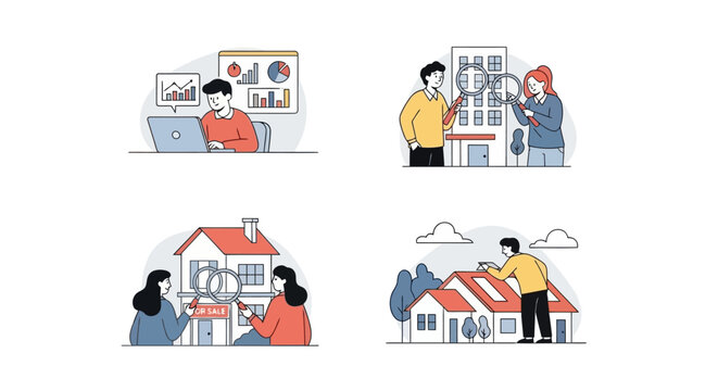 Real Estate Business Professionals Analyzing Property Data and Inspecting Buildings for Clients