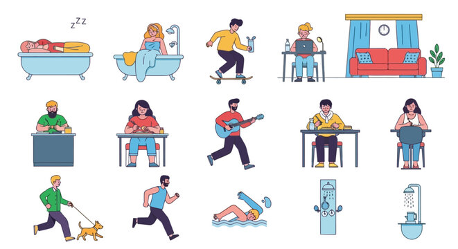 Collection of diverse flat line vector illustrations showcasing everyday human activities and modern lifestyle routines, from work and leisure to self-care and personal hygiene