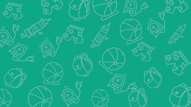 Seamless pattern of summer vacation items on a teal background