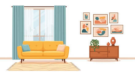 Comfortable and stylish home interior design concept with a yellow sofa, wooden cabinet, and a gallery wall creating a cozy atmosphere