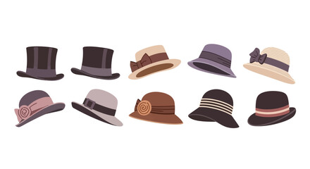 A charming illustration displaying a diverse range of classic and elegant hats, perfect for fashion, history, and costume design projects