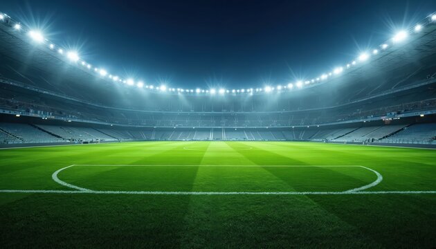 Empty soccer stadium at night. Bright spotlights illuminate green grass pitch. Grand sport building with rows of seats ready for fans. Football game atmosphere.