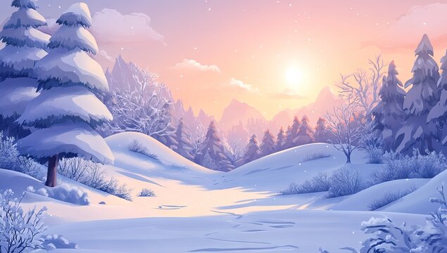 Winter landscape with snow-covered hills, trees, and the sun in the sky - Powered by Adobe