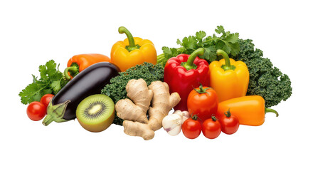 Fresh assortment of colorful fruits and vegetables isolated on transparent background