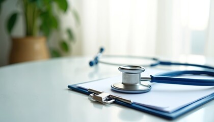 Blue stethoscope rests on white medical clipboard on desk near plant. Document page open, ready for notes, patient info. Clean, bright setting implies doctor office, clinic, health checkup.