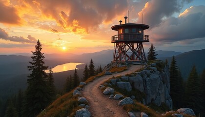 Fire lookout stands high on a cliff at sunset. Tower watch forest safety. Mountain landscape with orange sky and lake. Hiking path leads to construction. National park offers views.
