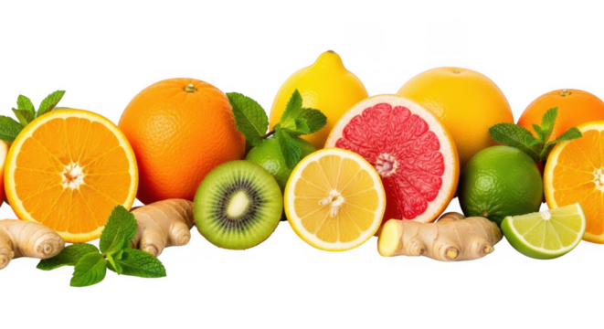 Fresh citrus fruits, kiwi, and ginger with mint isolated on transparent background