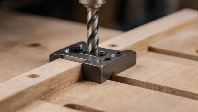 Close up of a drill bit making a hole in a wooden plank with a jig.