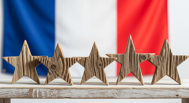 Classement de qualité supérieure en France avec cinq étoiles en bois sur une table et le drapeau français flou en arrière-plan pour le tourisme