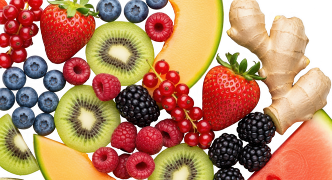 Assortment of fresh healthy fruits and ginger isolated on transparent background