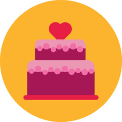 Two Tiered Pink Cake With A Red Heart On Top On A Yellow Circle Background With A Transparent Background