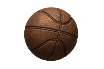 Rusting vintage basketball ball reflecting antique sport history and steampunk fantasy, transparent background