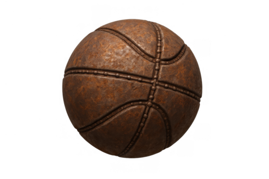Rusting vintage basketball ball reflecting antique sport history and steampunk fantasy, transparent background