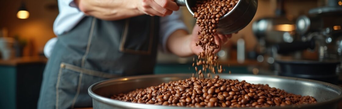 Barista pours roasted coffee beans into large metal bowl. Freshly roasted coffee beans are prepared for grinding and brewing in cafe. Hot beverage creation process.