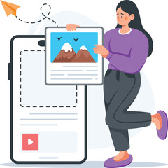 Woman Holding Tablet Displaying Mountain Landscape Beside Oversized Smartphone with Play Button and Paper Airplane Overhead Isolated on White Background