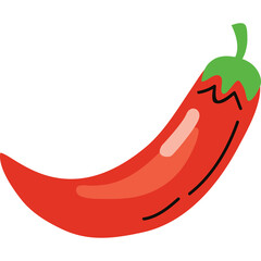 Single Red Chili Pepper with Green Stem and Wavy Lines on Transparent Background