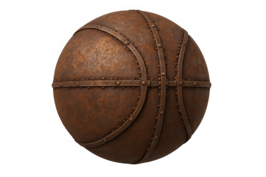 Steampunk basketball concept, rustic metal ball with rivets, symbolizing industrial sport or futuristic game design