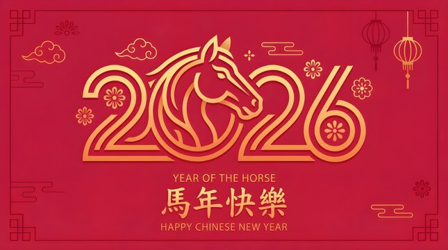 Happy Chinese New Year 2026 Year of the Horse, Gold Logo Design with Red Background