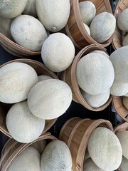 Grocery store coconuts on display in small tubs
