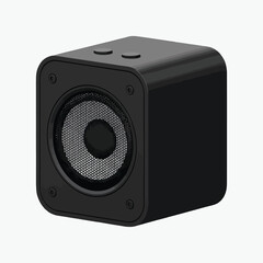 Fototapeta premium Black cube-shaped speaker with a mesh grille on a white background