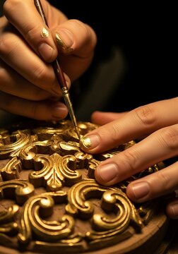 Artisan Hand Gilding Ornamental Woodwork with Fine Paintbrush and Gold Leaf