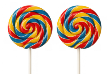 Two vibrant swirl lollipops, symbolizing childhood fun and sweet indulgence, featuring red, blue, and yellow colors