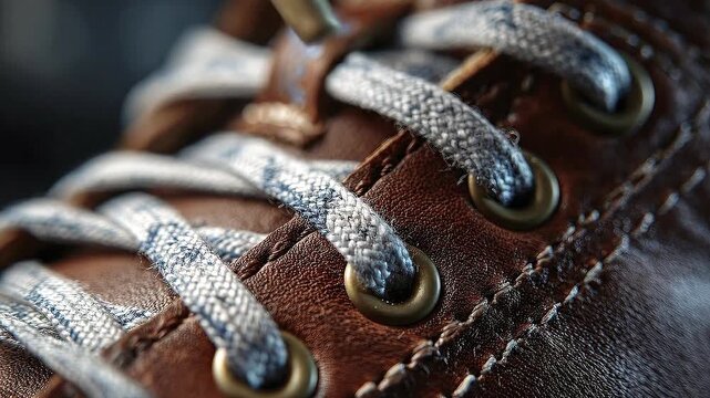 Closeup view of lacedup brown leather shoe laces woven through brass grommets