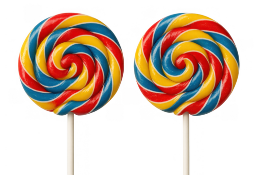 Two vibrant swirl lollipops, symbolizing childhood fun and sweet indulgence, featuring red, blue, and yellow colors