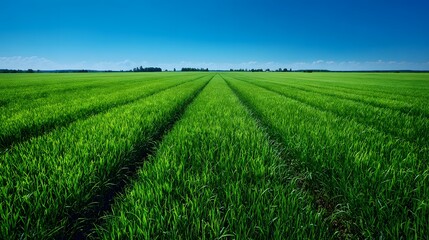 Obraz premium Vast expanse of vibrant green crops stretches beneath a clear, deep blue sky