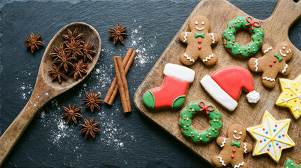 Festive gingerbread cookies and spices arranged on a wooden board perfect for holiday baking and seasonal celebr
