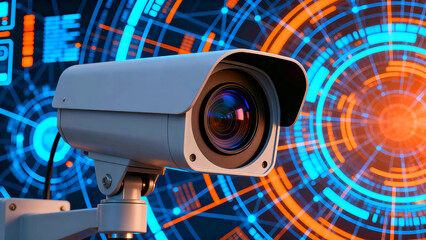 Security camera with advanced technology background displaying digital data and surveillance capabilities for modern safety systems and protection in a high tech environment showcasing monitoring