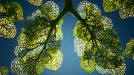 Human respiratory organs depicted as branching structures resembling green tree foliage against a clear sky