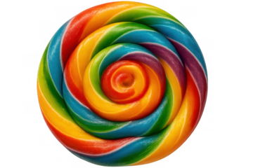 Colorful lollipop with a rainbow swirl pattern, sweet sugar candy, bright circular treat on transparent background